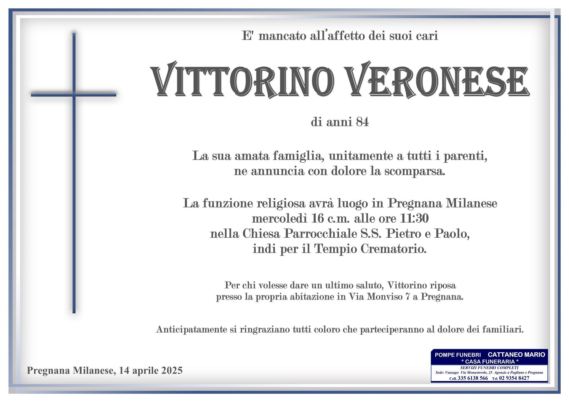 necrologio Vittorino Veronese