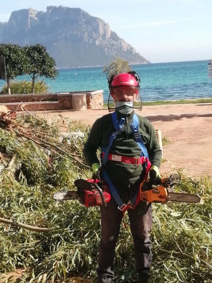 Giardiniere con la moto sega in mano