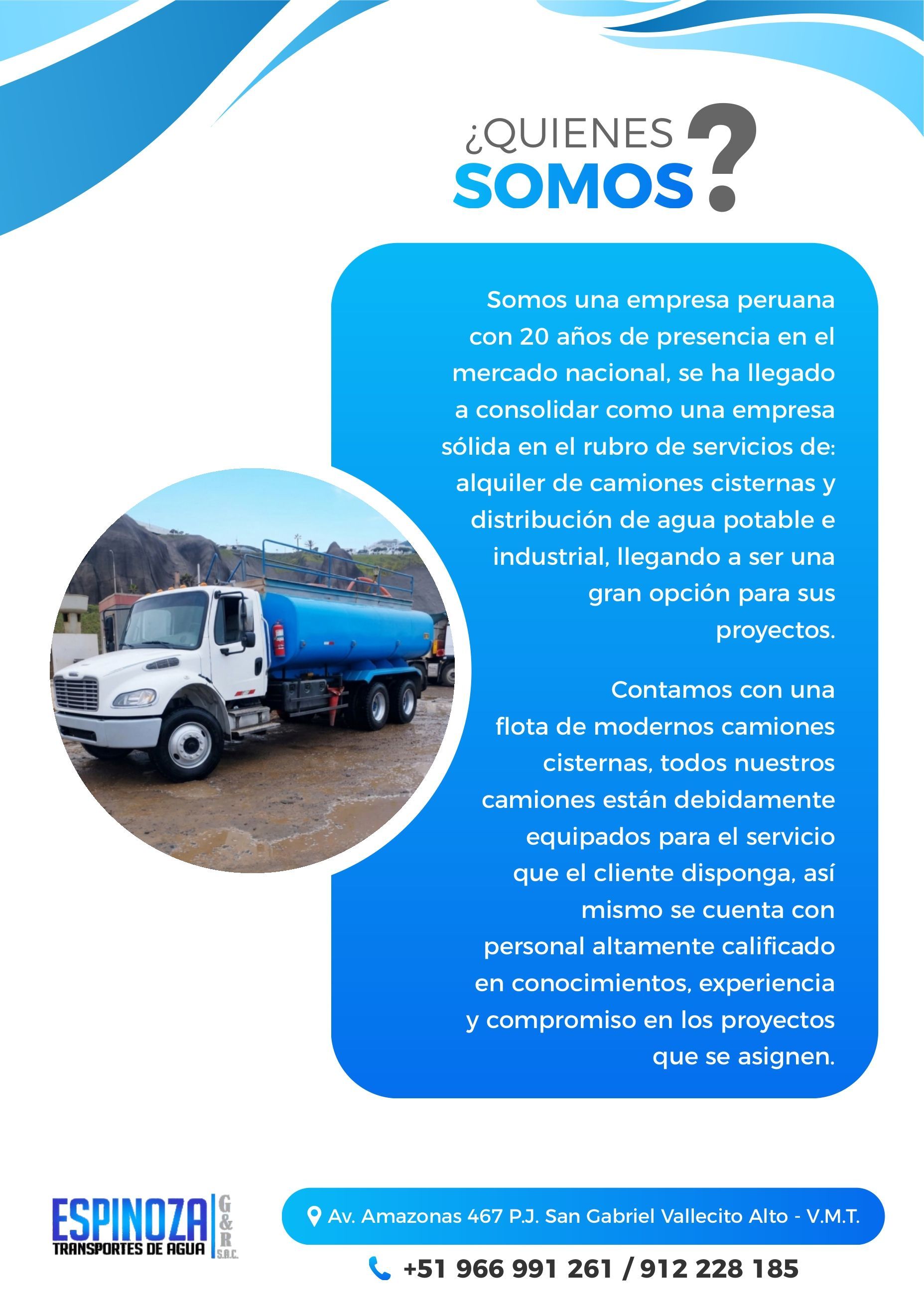 Folleto promocional español con un camión blanco en una carretera y un panel de texto azul titulado 