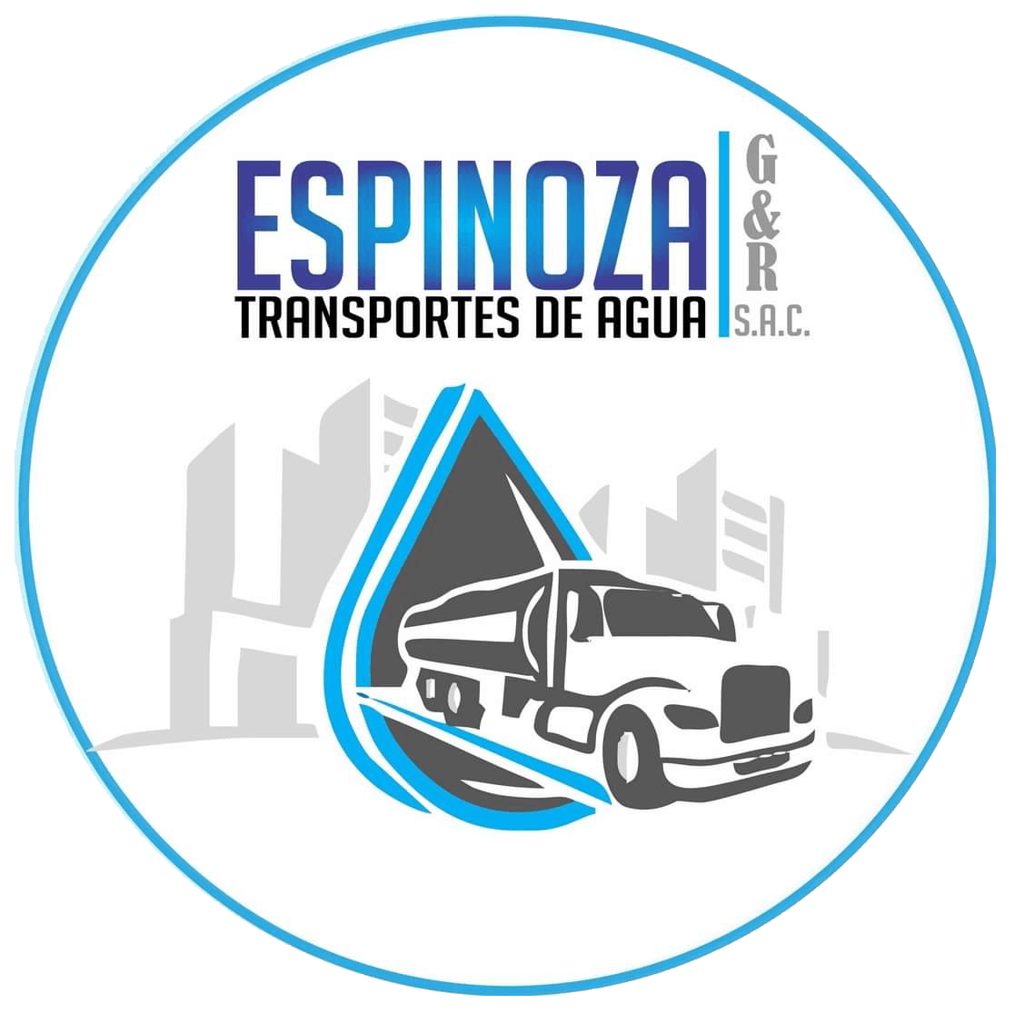 Logotipo de Espinoza Transportes de Agua SAC con el icono de un camión con forma de gota de agua en azul y gris.