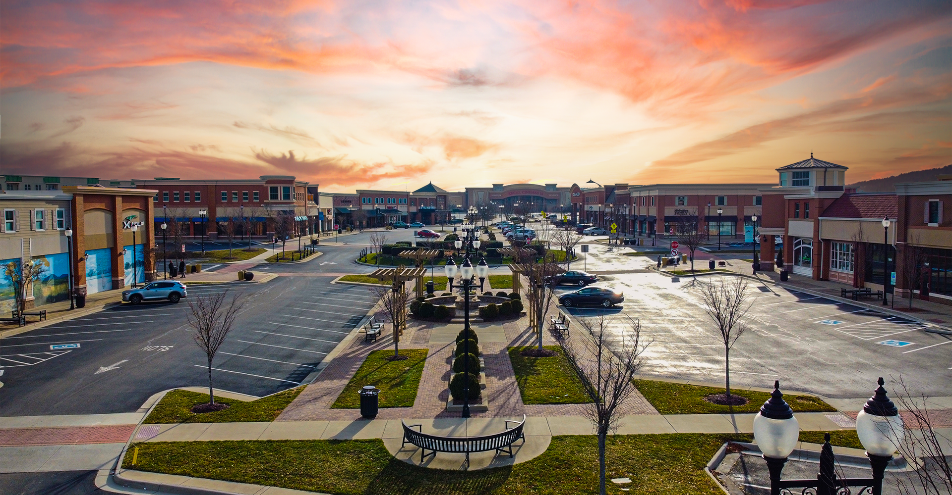 Main Street at Westchester Commons displaying a beauful sunset behind the Regal Cinemas.