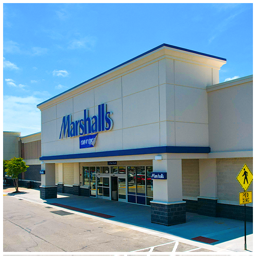 Marshalls store exterior with blue sign and front entrance on a sunny day