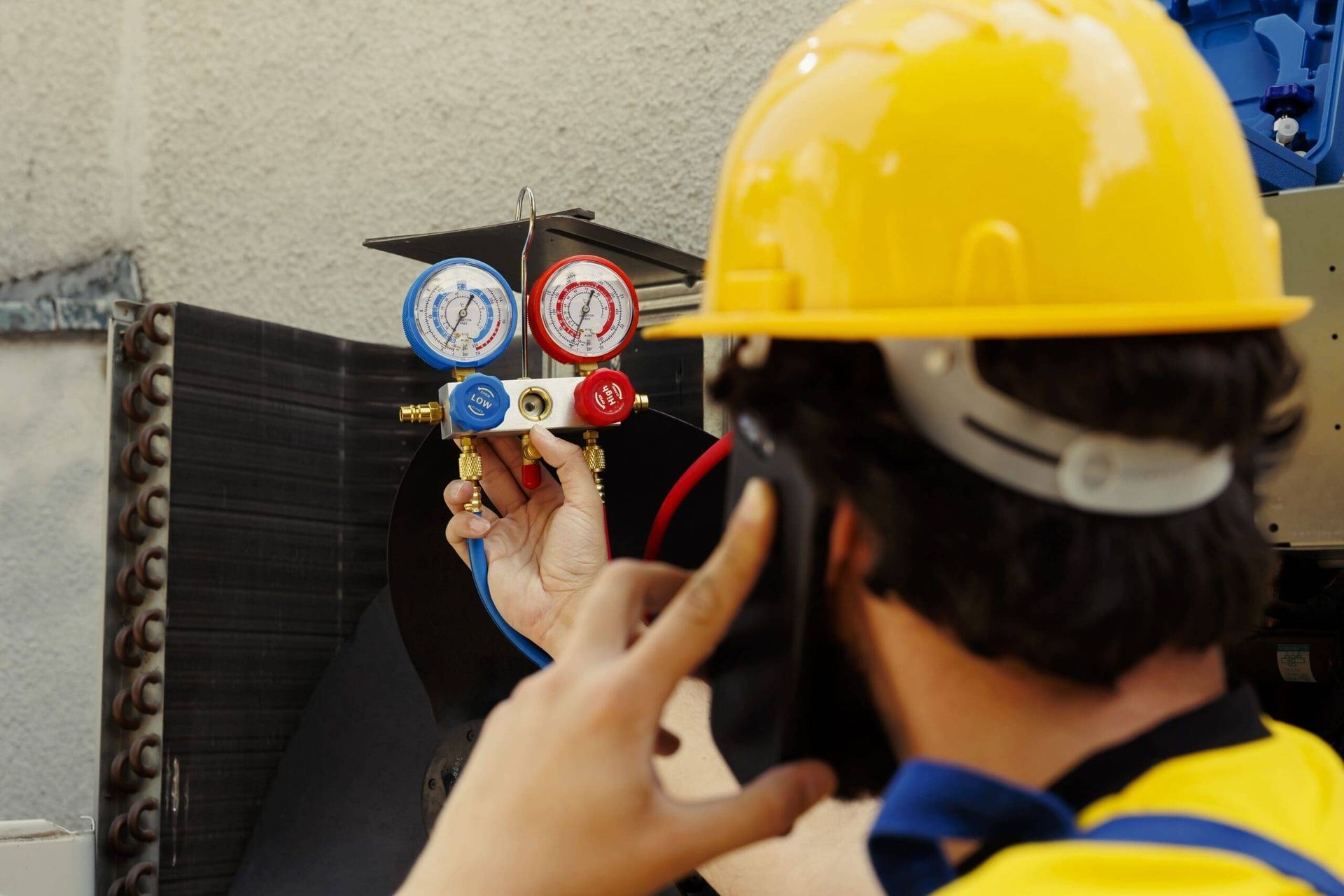 A technician in a yellow hard hat checks HVAC manifold gauges while talking on a smartphone.