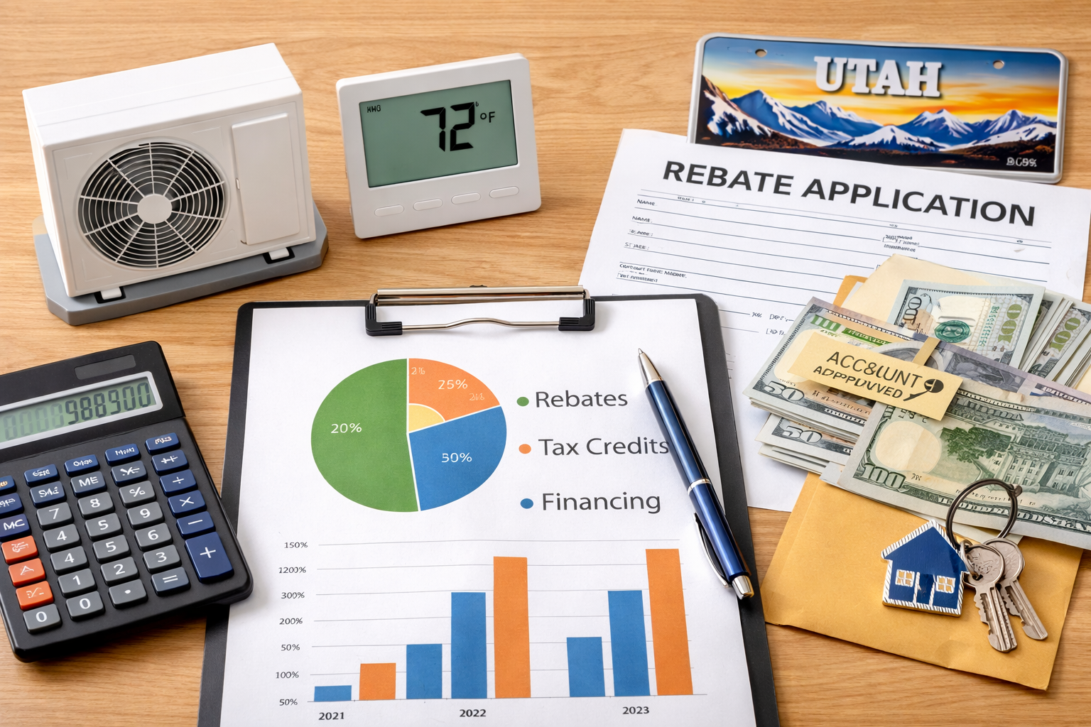 A desk with a mini HVAC unit, thermostat, Utah rebate application, calculator, financial charts, and cash with house keys.