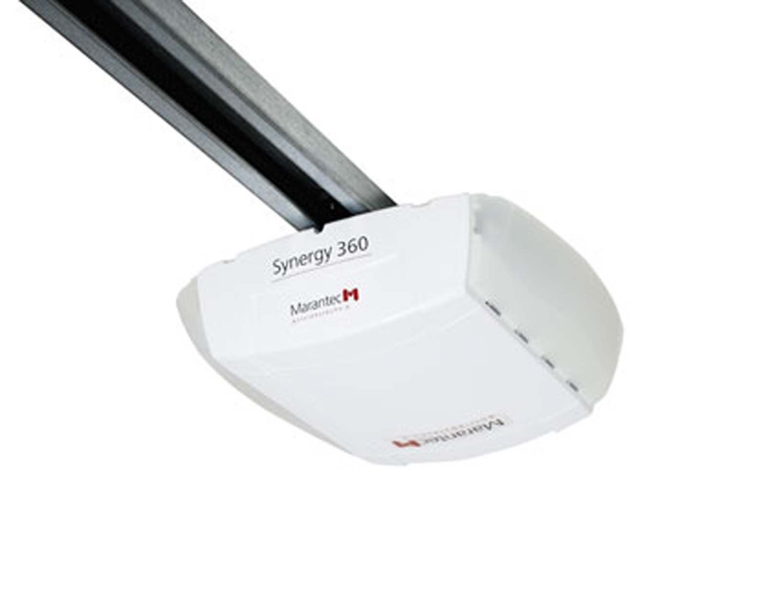 A white garage door opener is hanging from the ceiling.