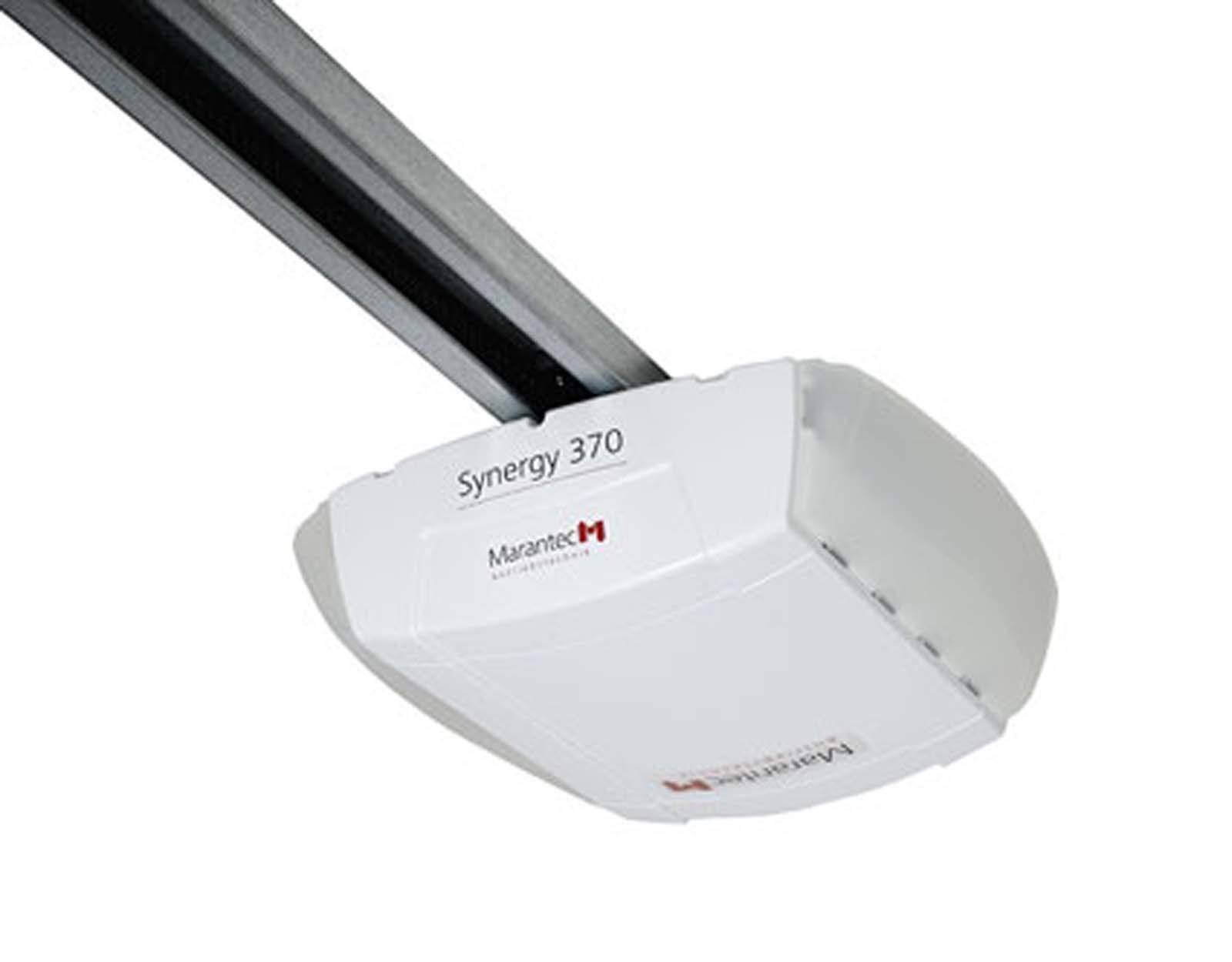 A white garage door opener is hanging from the ceiling.