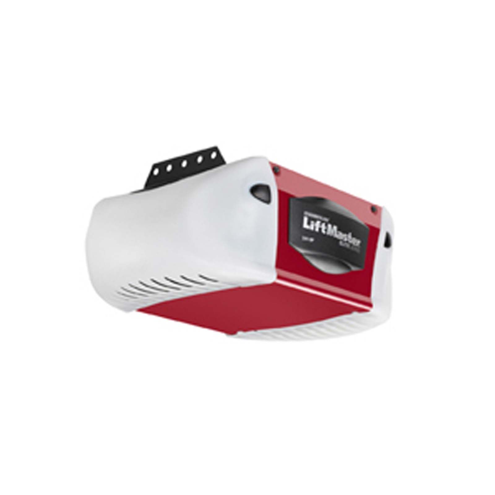 A red and white liftmaster garage door opener on a white background