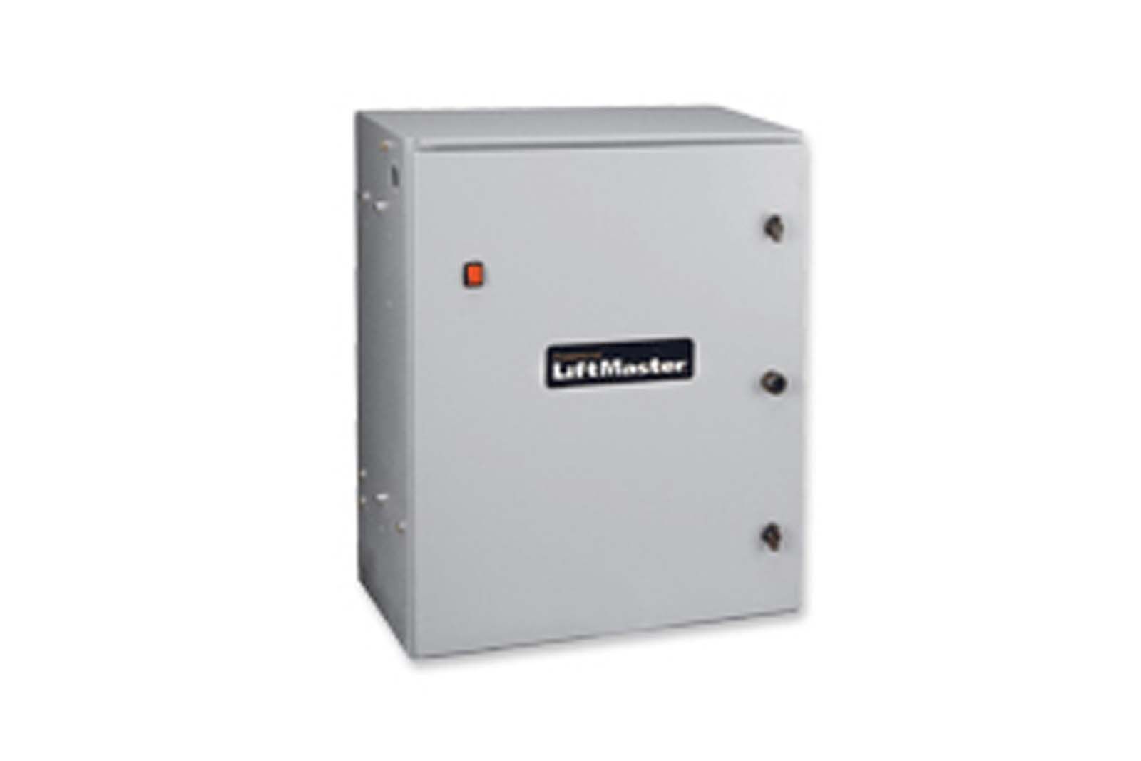 A white box with a lift master logo on it on a white background.