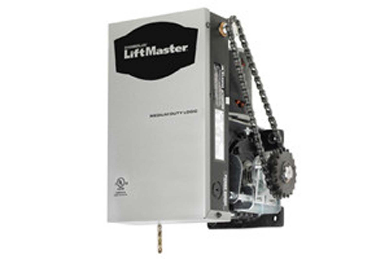 A liftmaster garage door opener with a chain attached to it.