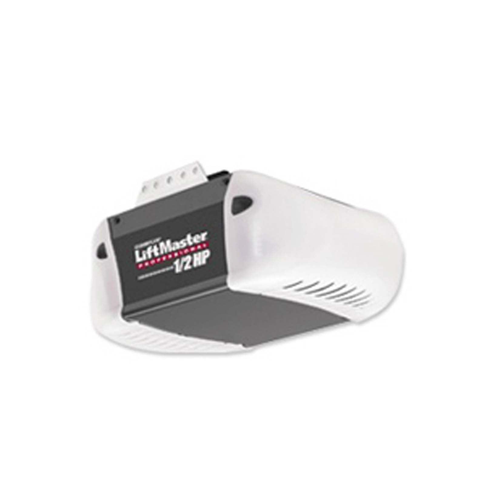 A white and black liftmaster garage door opener on a white background.