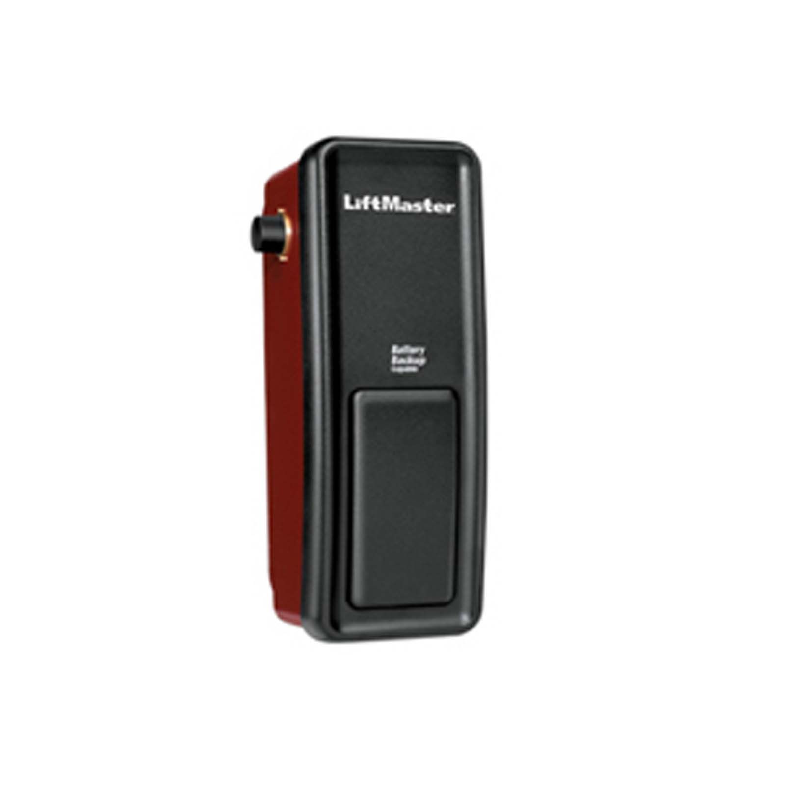 A black and red liftmaster garage door opener on a white background