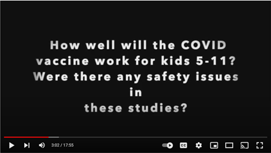 Text on black background: Questions about COVID vaccine efficacy and safety for children aged 5-11.