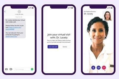 Three phone screens: SMS, visit invitation, and video call with a doctor.