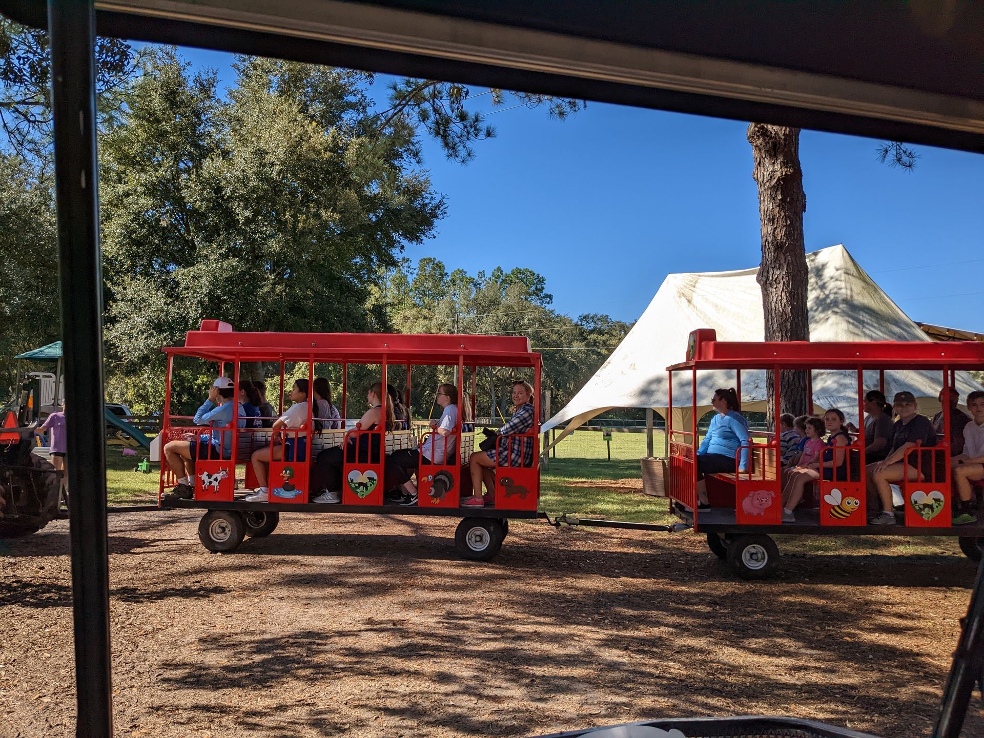 Red open-air train cars carrying people outdoors, near a white tent on a sunny day Rooterville
