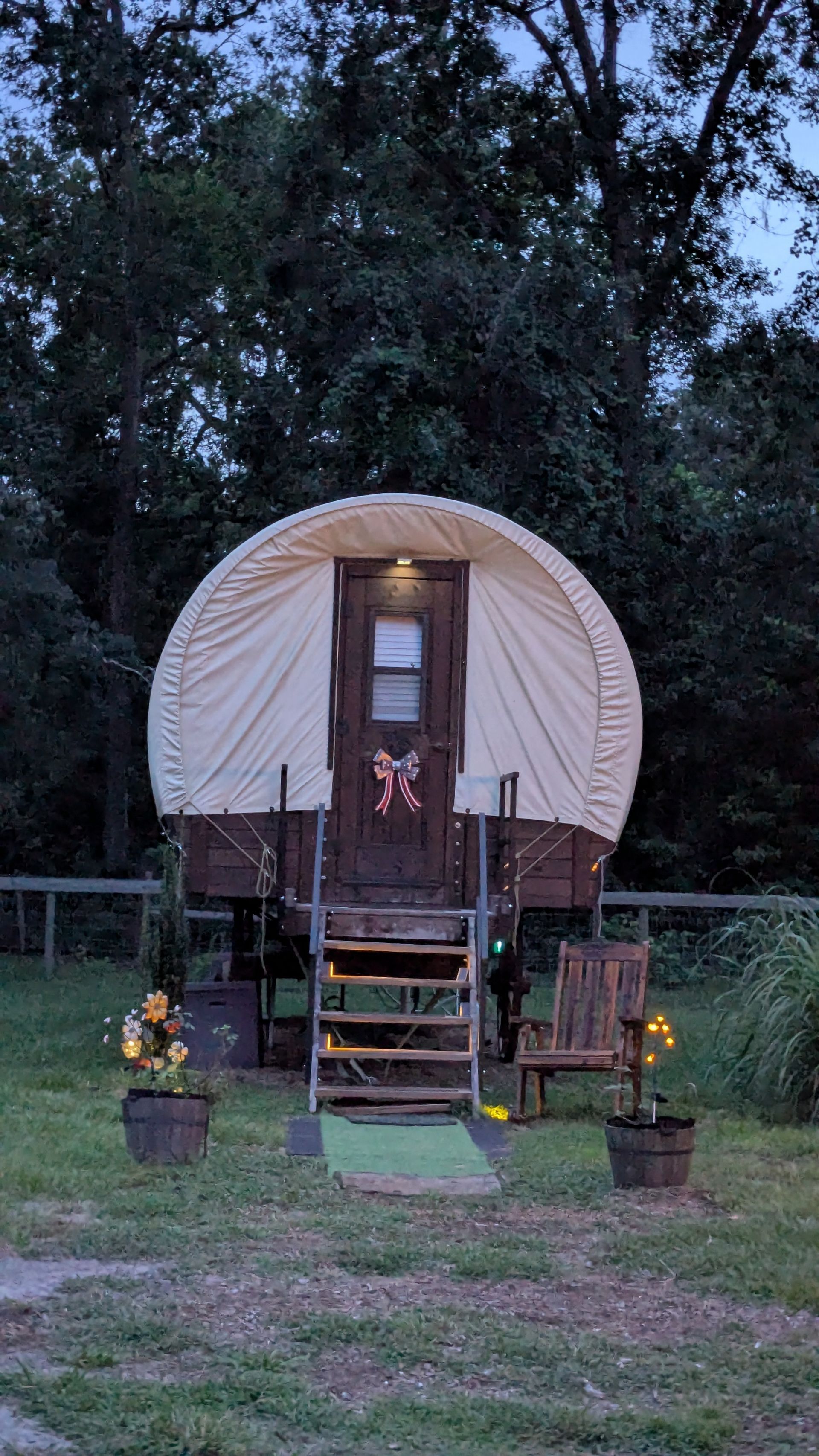 Covered wagon-style structure with wooden door in a Florida animal farm