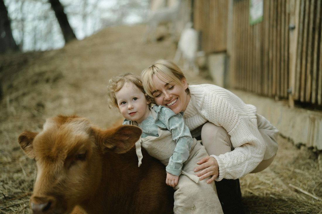 Woman and child smiling, cuddling a small brown cow in a barn setting with hay in a Florida animal farm