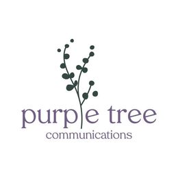 The words purple tree communications are in purple. The L in purple is shaped like a tree with green leaves.
