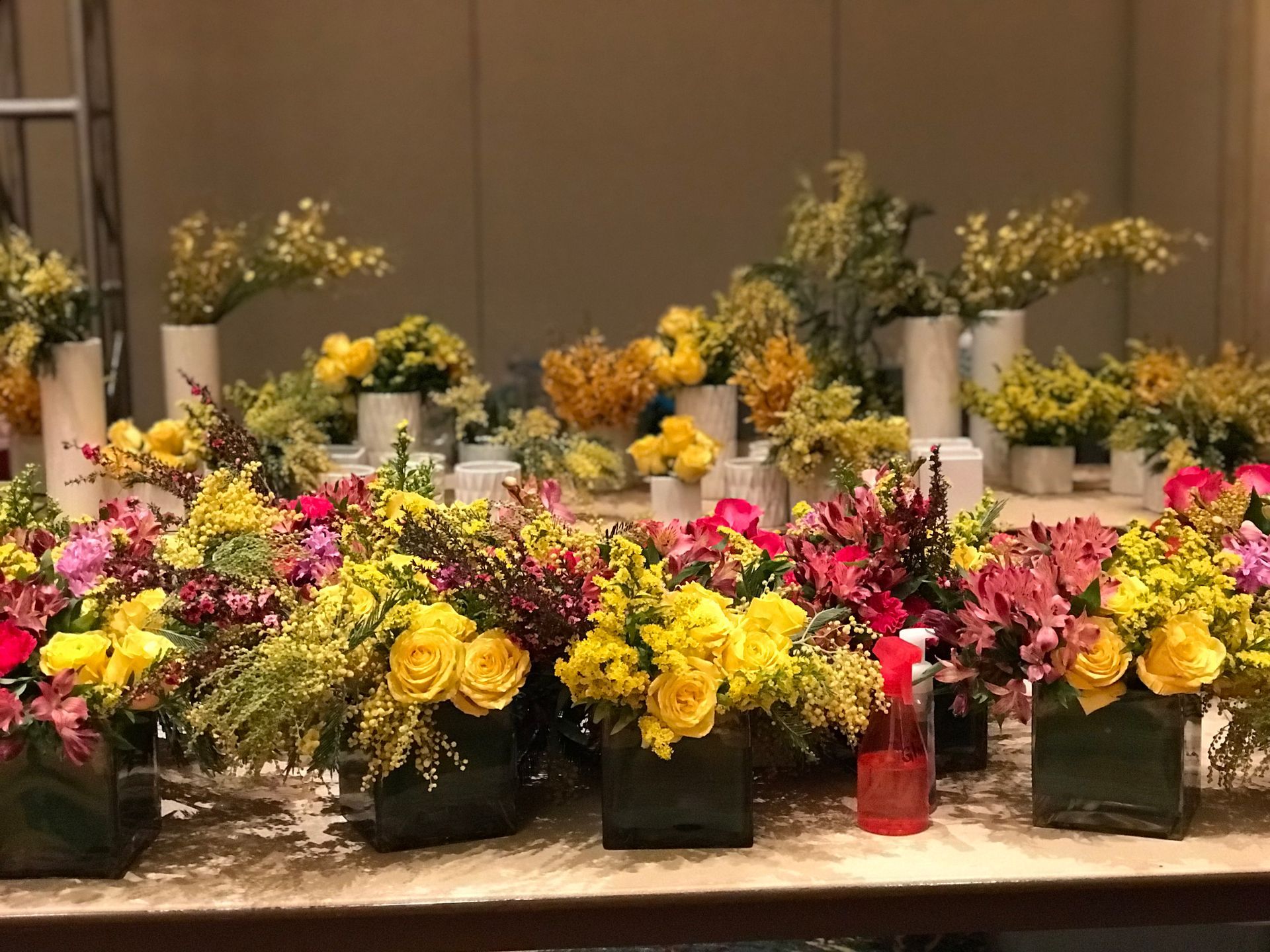 There are many different types of flowers on the table.