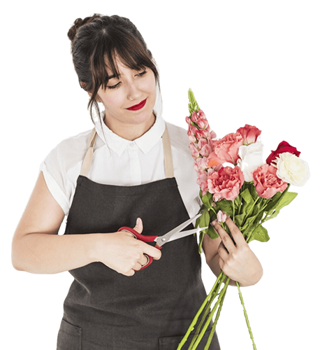 A woman in an apron is cutting flowers with scissors