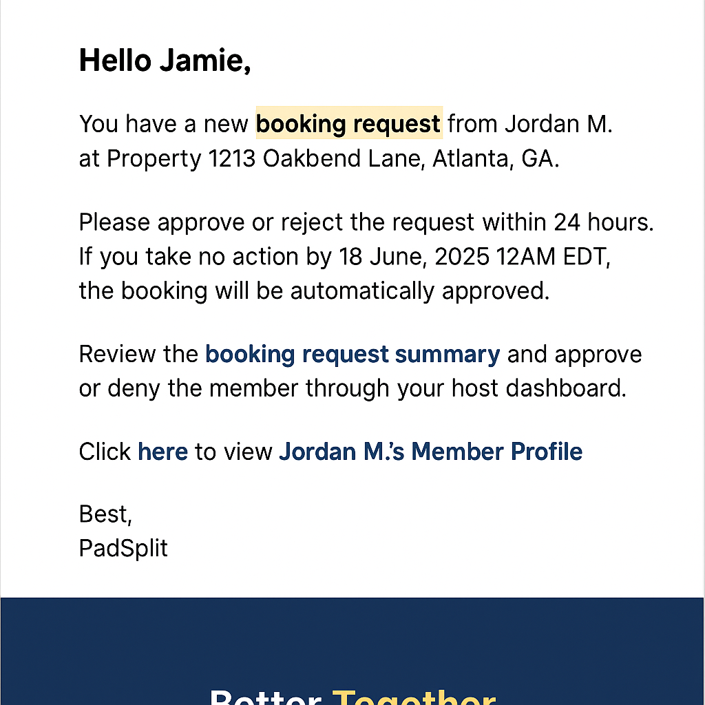 Booking confirmation email screenshot used for real PadSplit host dashboard