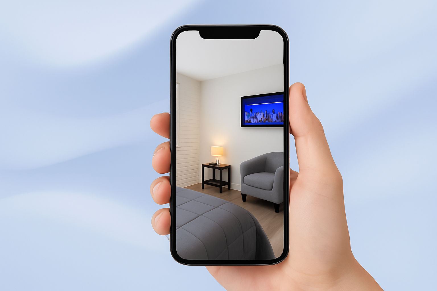 Hand holding phone with staged room photo – AI-powered real estate staging by Padstage