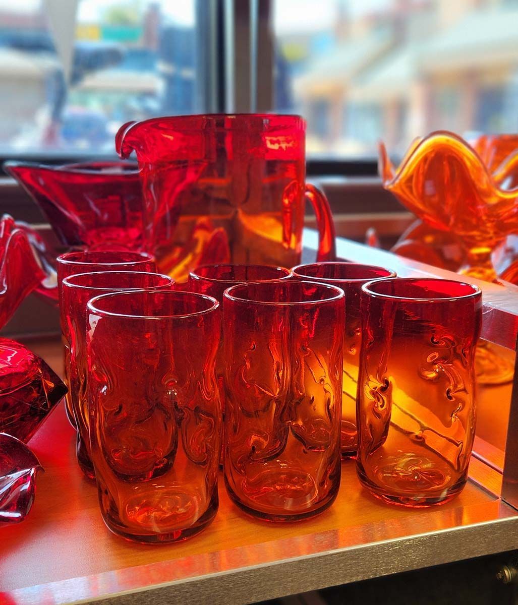 Blenko red glasses and pitcher