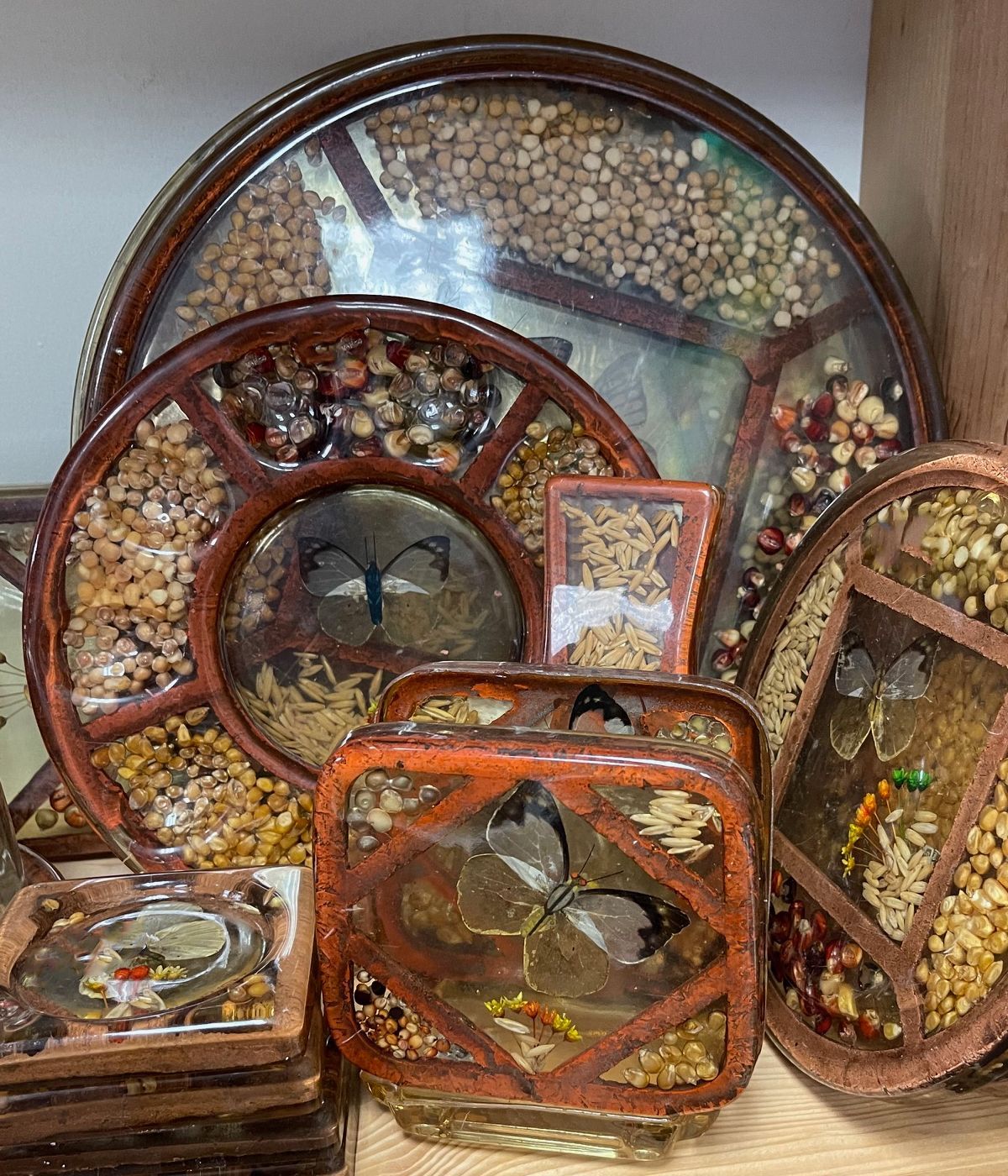 A collection of trays filled with different types of food