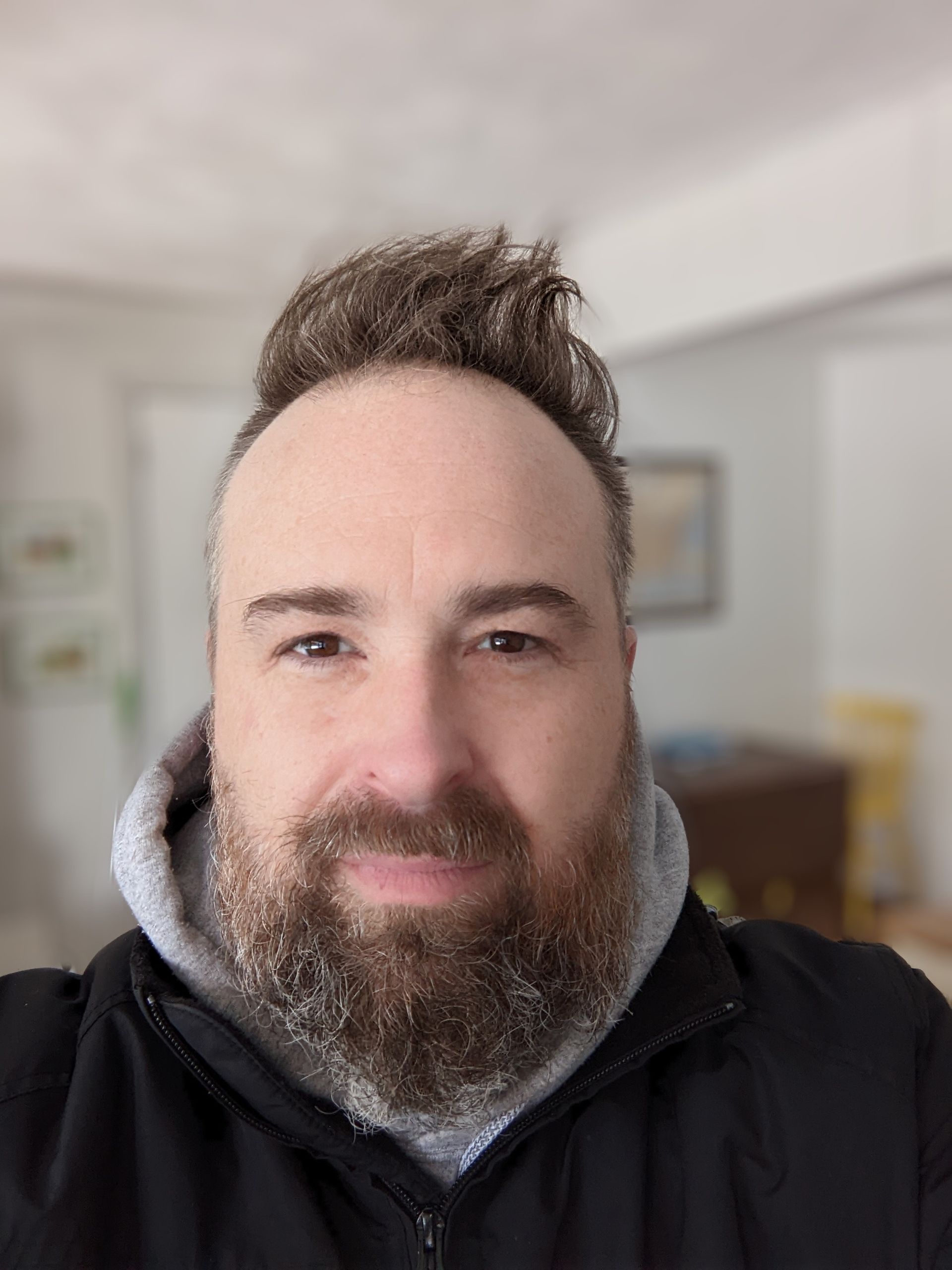Close-up of a person in a black jacket and gray hoodie, seated indoors with blurred furniture and wall art in the background.
