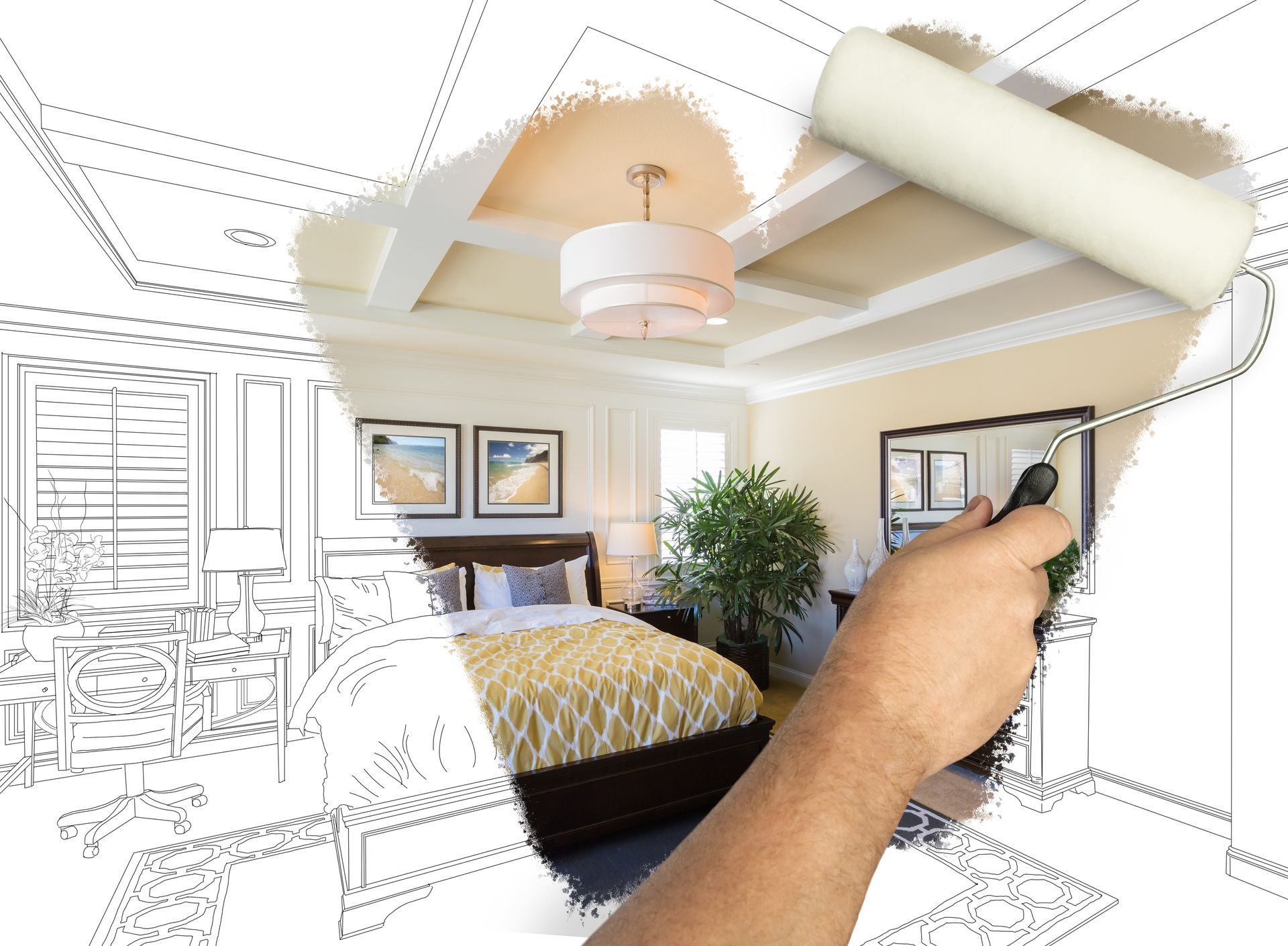 before and after reveal of a man painting a room