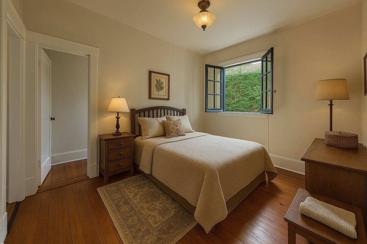 A bedroom with a bed , nightstand , lamp and window.