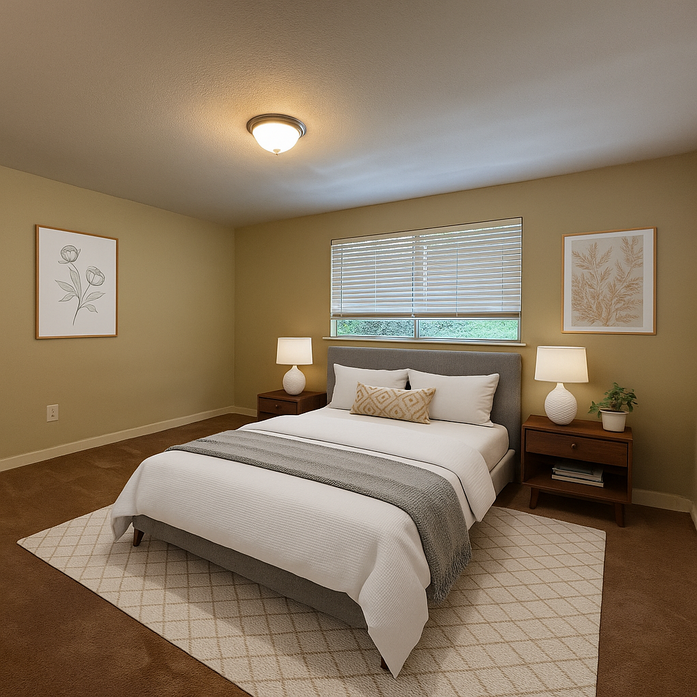 A bedroom with a large bed , two nightstands , two lamps and a window.