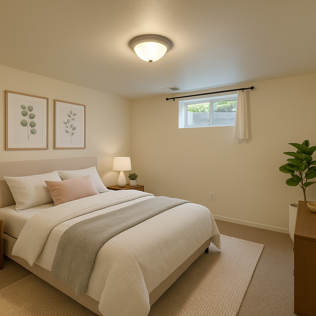 A bedroom with a large bed and a window