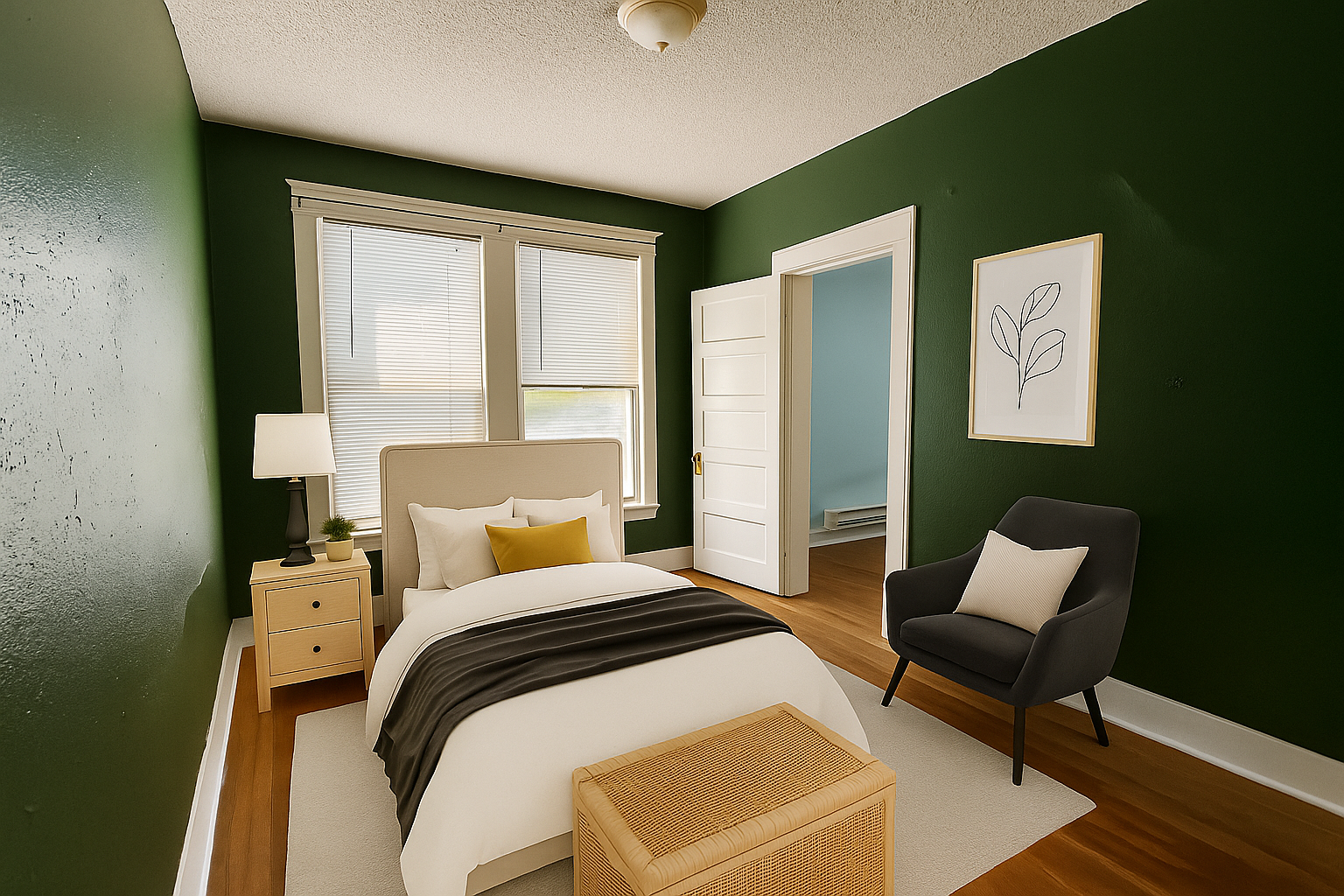 A bedroom with green walls and a bed and chair