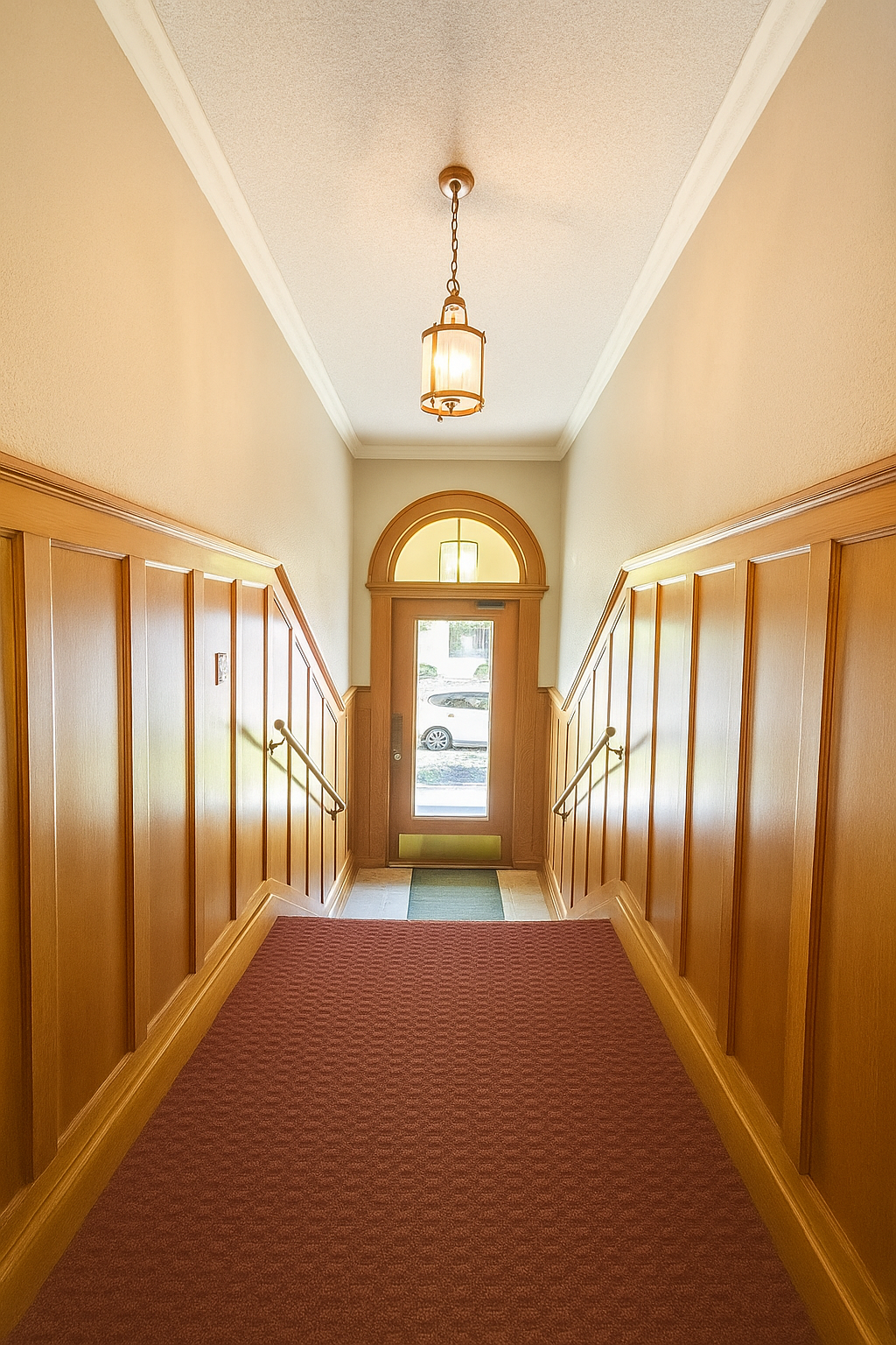 A hallway with wood paneling and a red carpet leading to a door