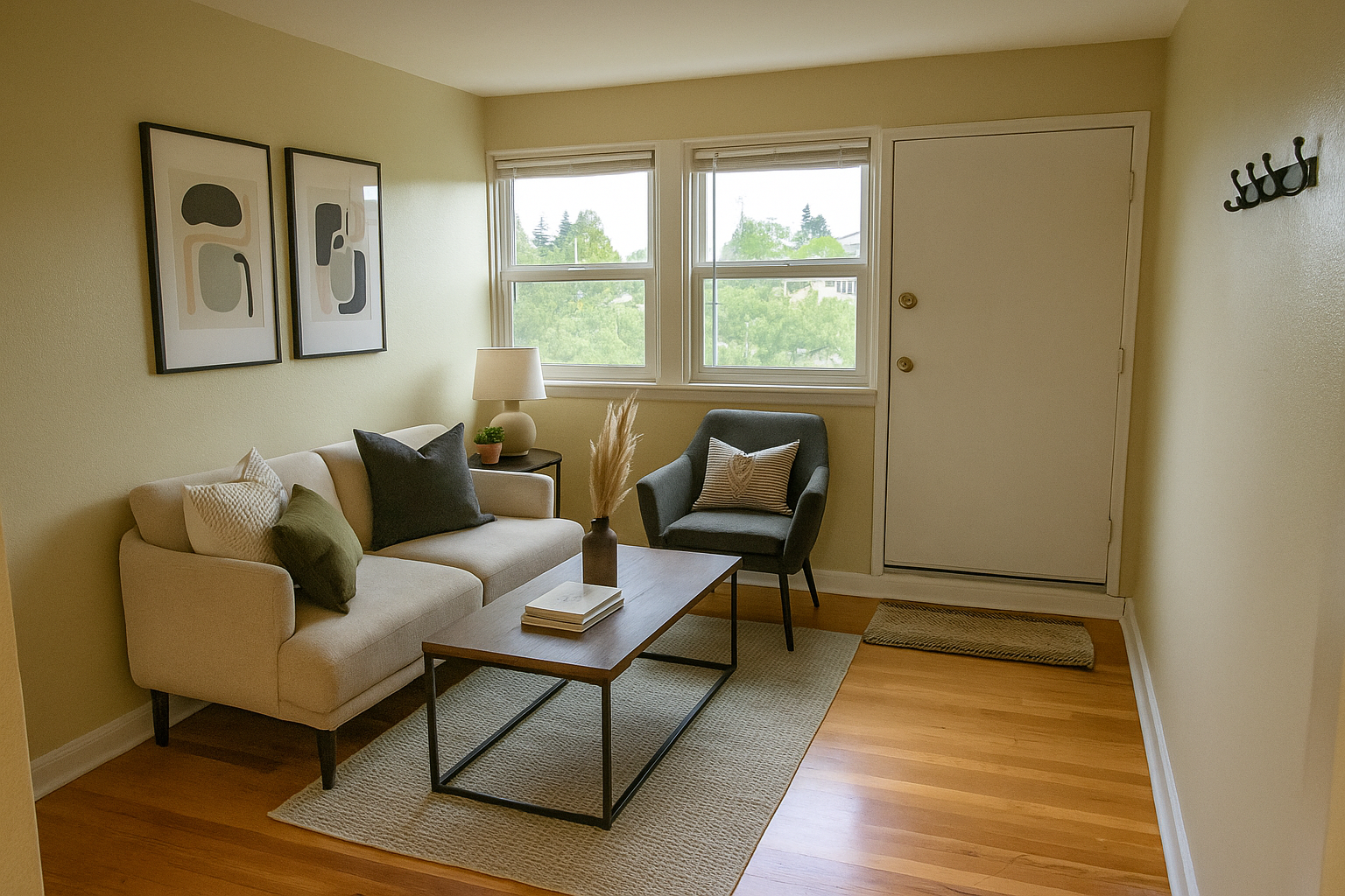 A living room with a couch , chair , coffee table and two windows.