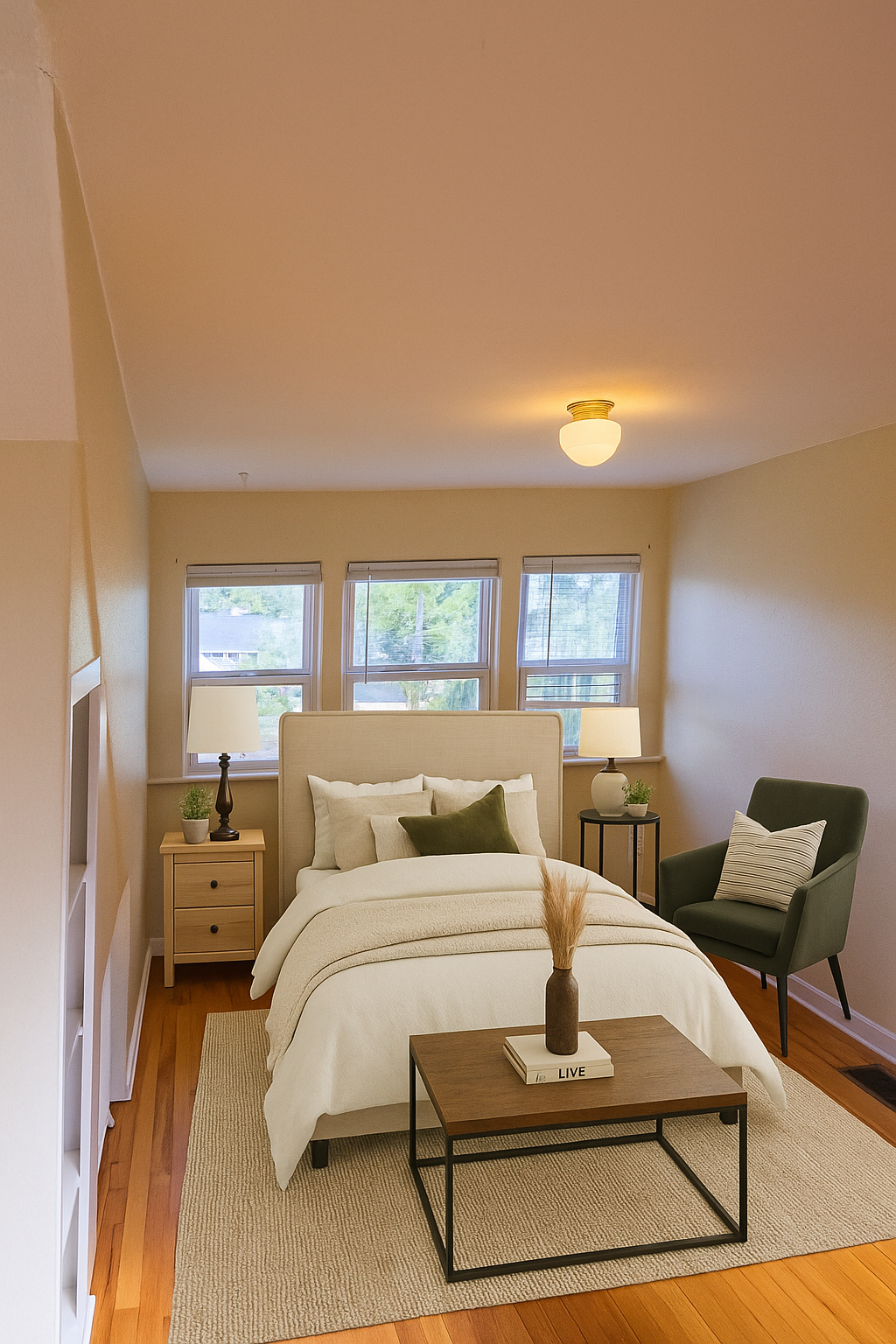 A bedroom with a bed , chair , nightstand , coffee table and rug.