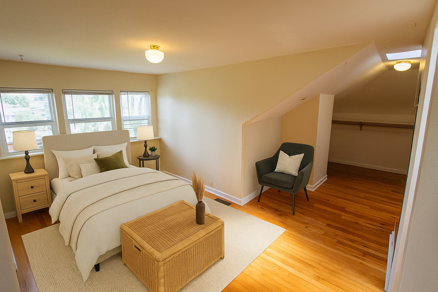 A bedroom with a bed , chair , nightstand and wicker bench.