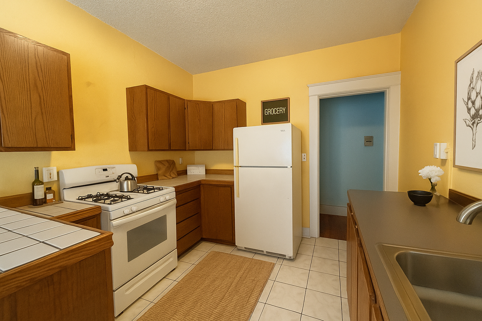 A hallway with two chairs and a table in it