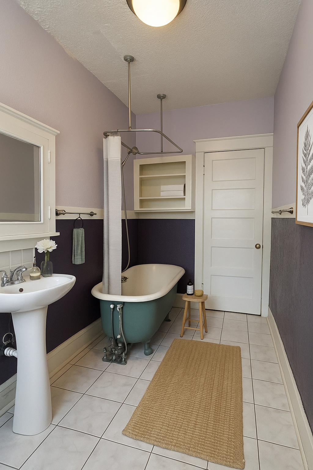 A bathroom with a bathtub , sink and mirror
