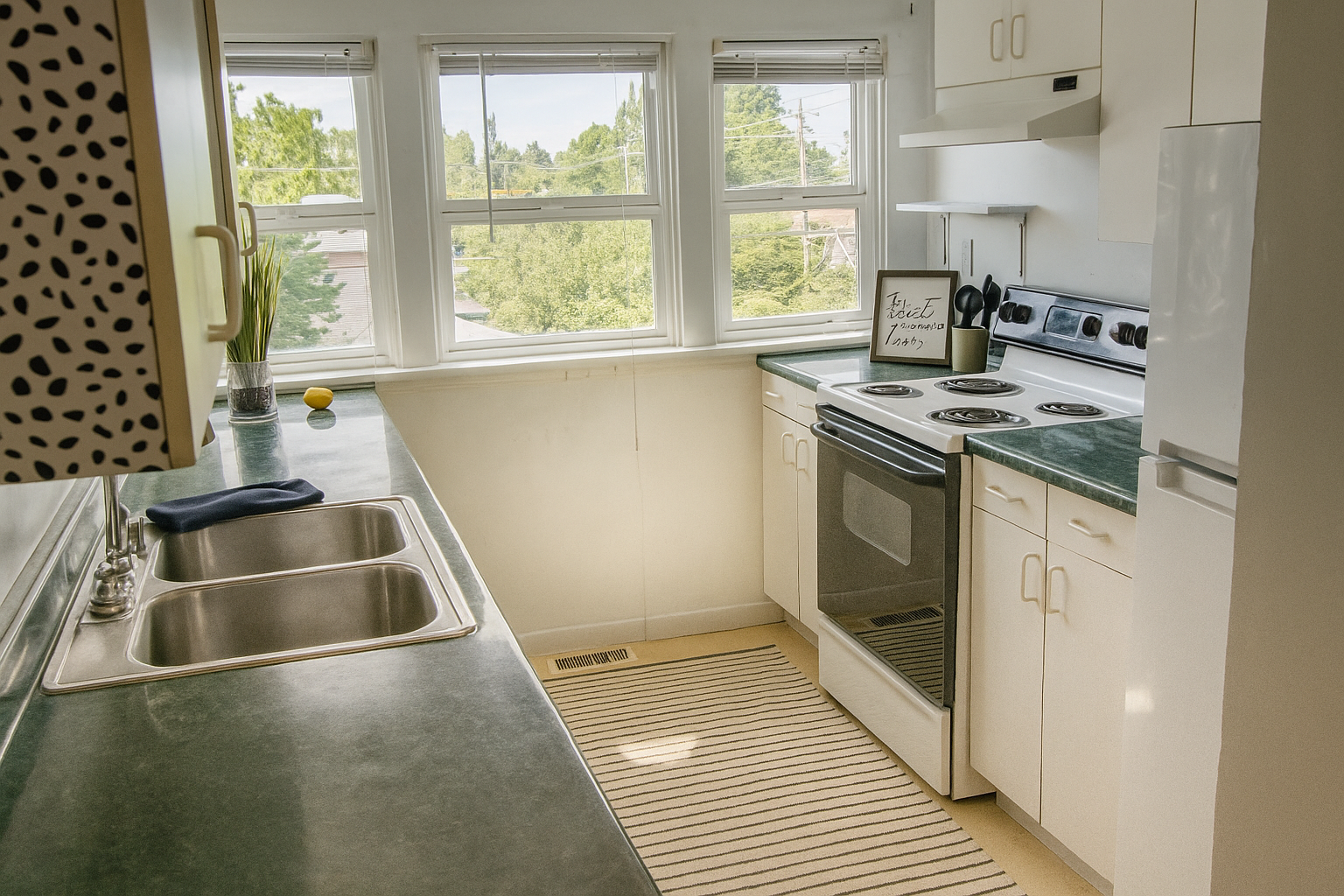 A kitchen with two sinks a stove and a refrigerator