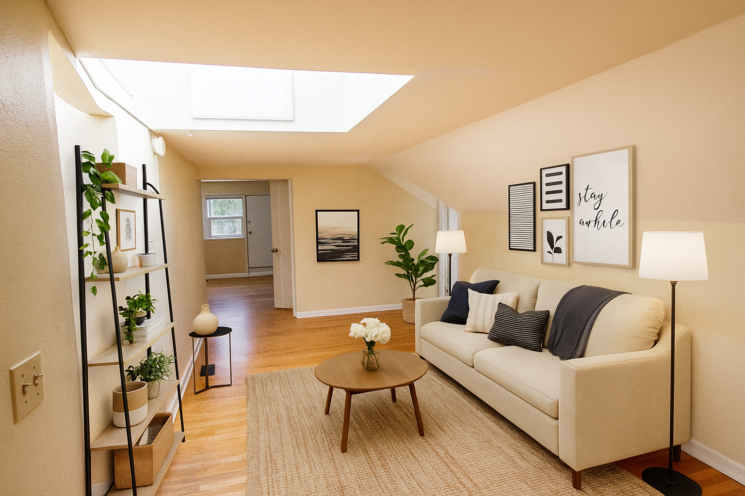 A living room with a couch , table , lamp and skylight.