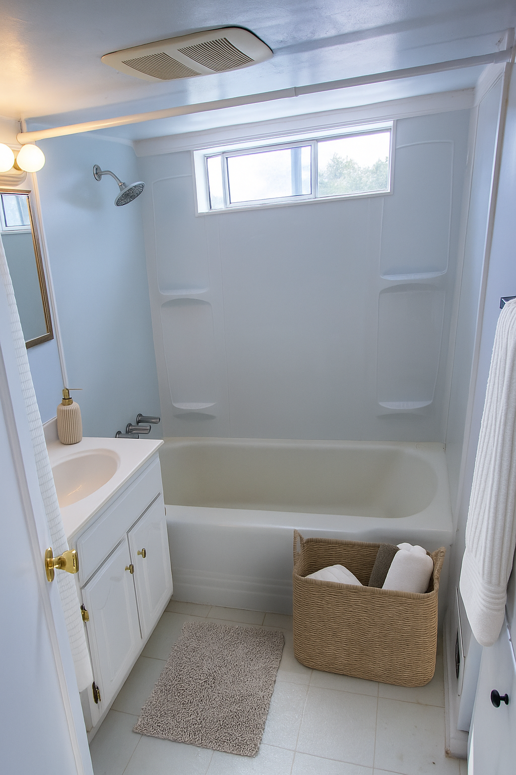 A bathroom with a tub , sink , mirror and window.
