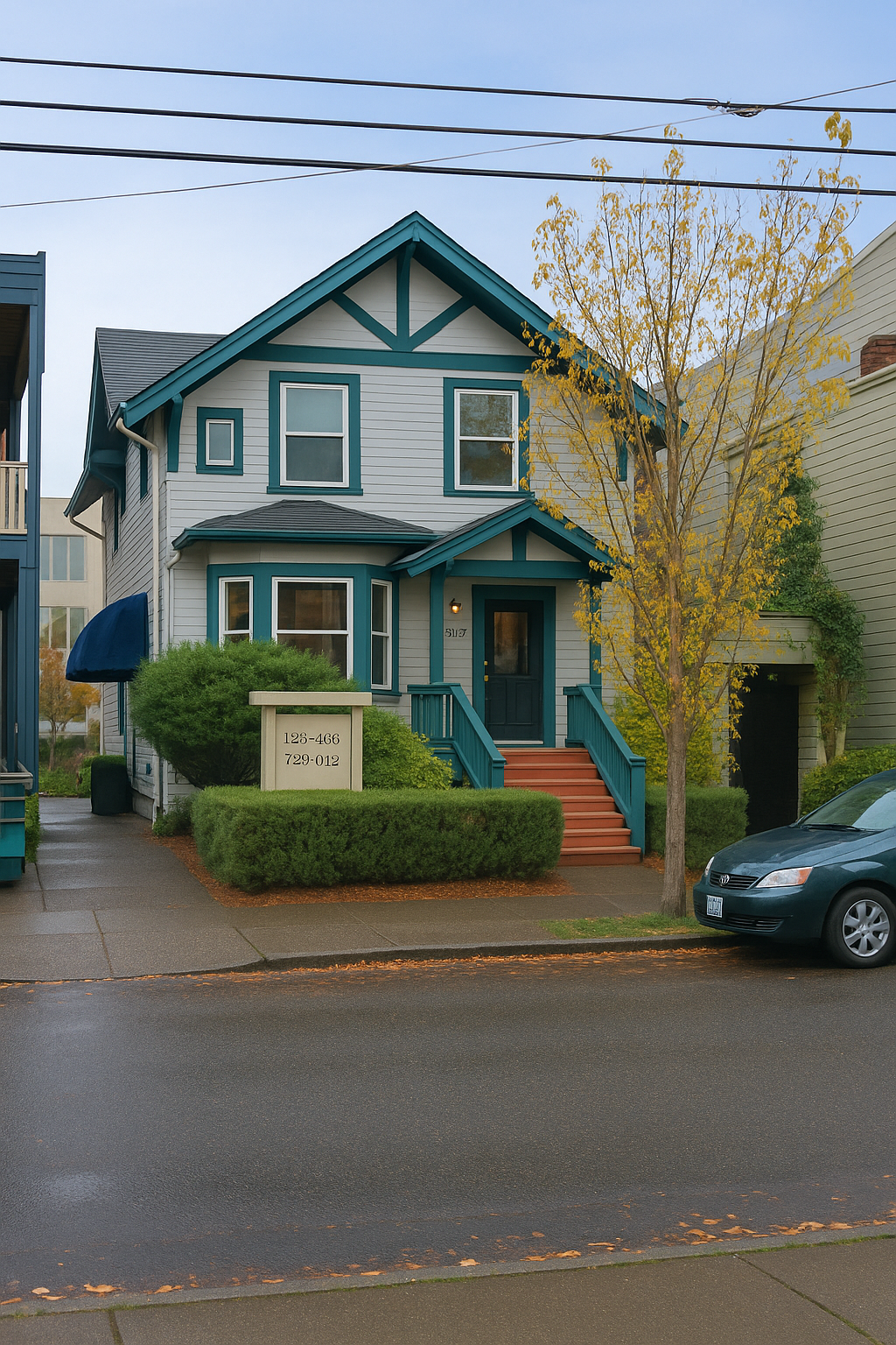 A car is parked in front of a house that says the inn