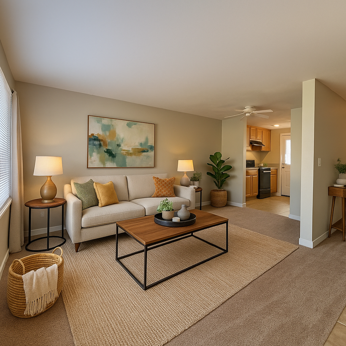 A living room with a couch and a coffee table