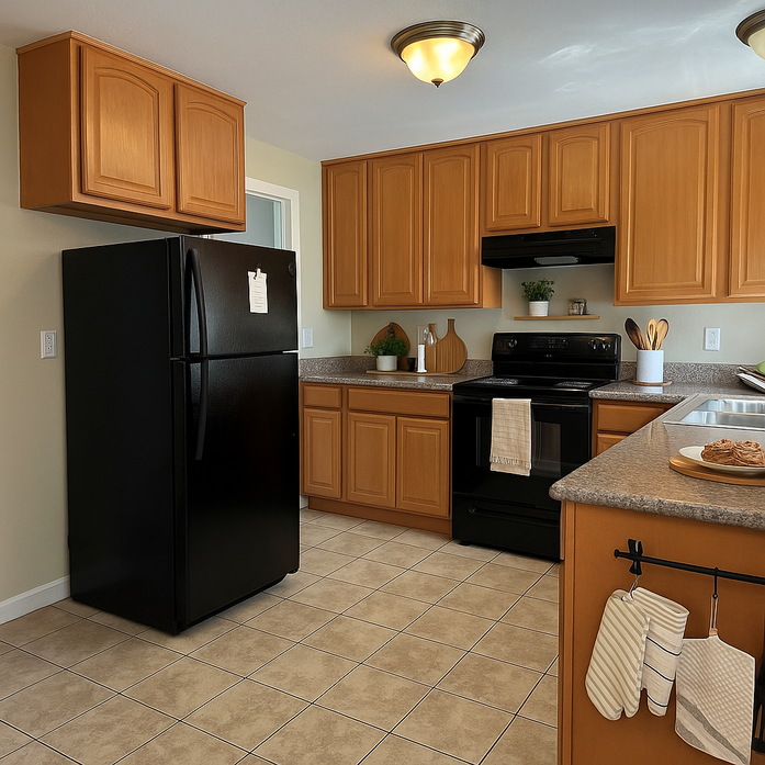A kitchen with wooden cabinets and a black refrigerator