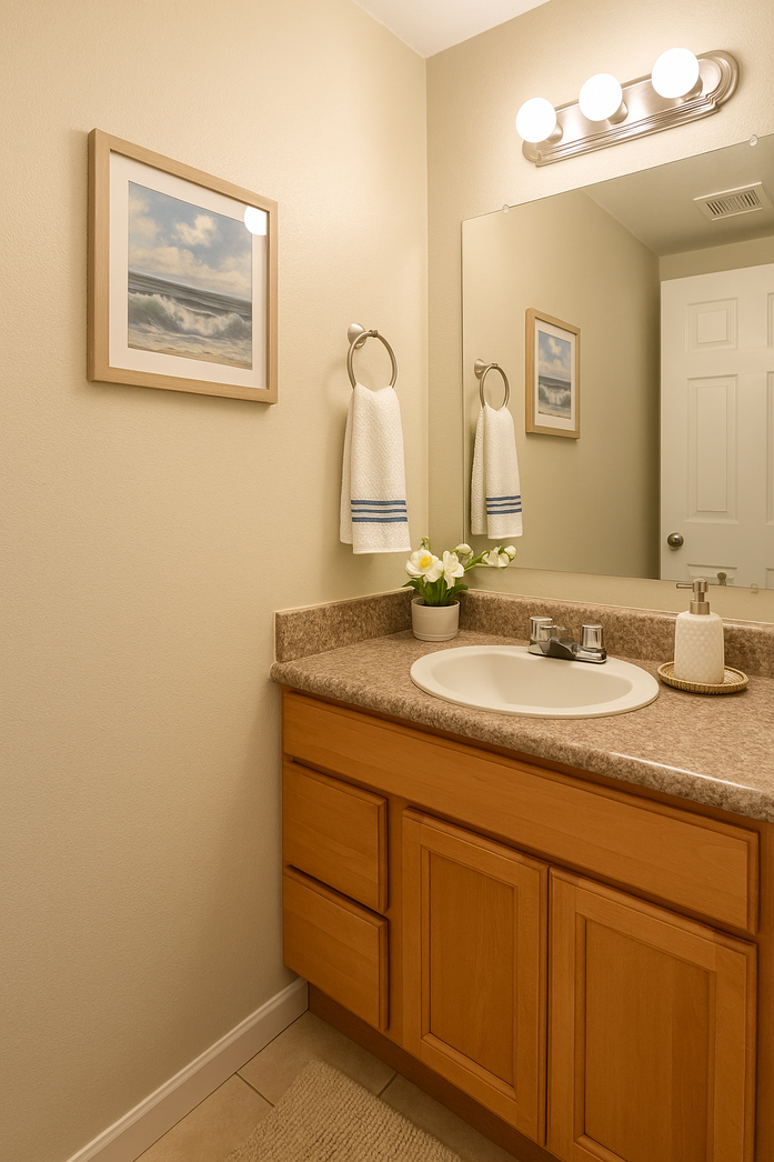 A bathroom with a sink , mirror and towels hanging on the wall.