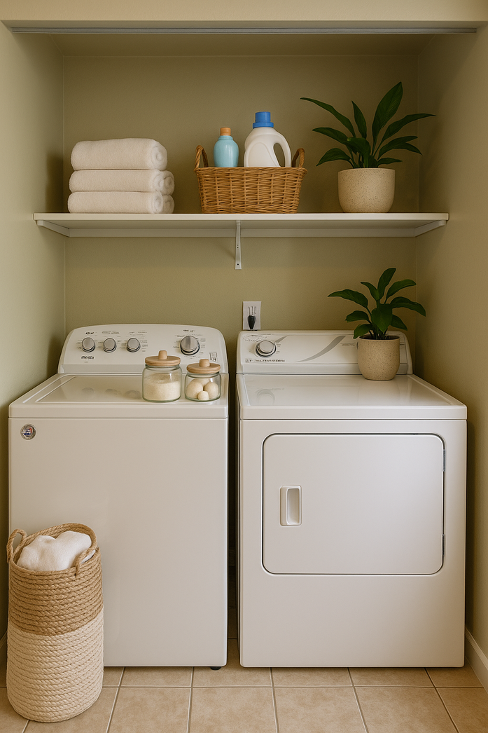 A laundry room with a washer and dryer and a basket.