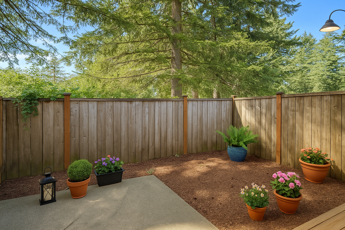A wooden fence surrounds a patio with potted plants and flowers.
