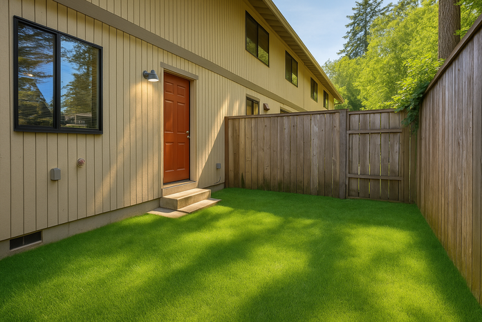 A house with a wooden fence and a large lawn in front of it.