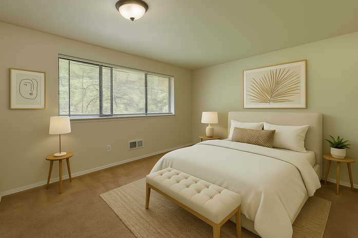 A bedroom with a bed , lamps , and a bench.